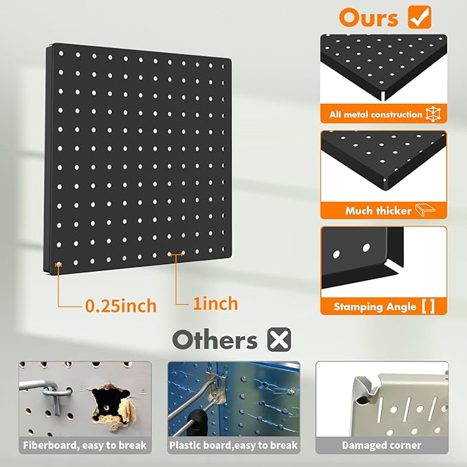 Peg Board, 6PCS Metal Pegboard, Heavy Duty Pegboard Wall Organizer with Frame. Black Pegboard for Walls, Garage, Workbench, C