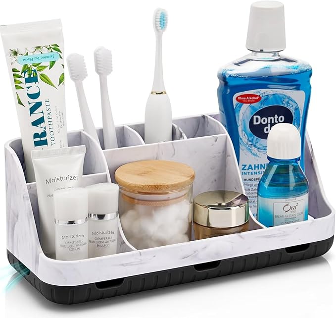 GFWARE Marble Bathroom Countertop Organizer - Detachable 7 Slots Kids Electric Toothbrush and Toothpaste Holde Drainage for B