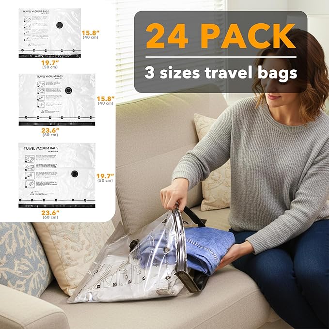 SpaceAid Travel Vacuum Bags for Luggage with Electric Pump, 24 Pack Vacuum Seal Bags for Clothing Travel, Space Saver Compres