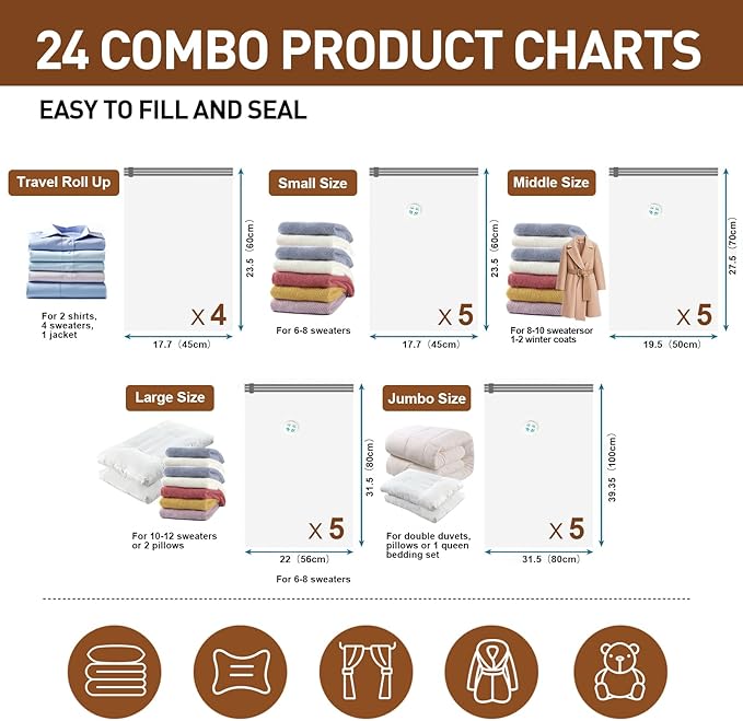 24 Pack Vacuum Storage Bags,Space Saver Bags for Clothing,Comforters,and Bedding,Includes 5 Jumbo, 5 Large, 5 Medium, 5 Small