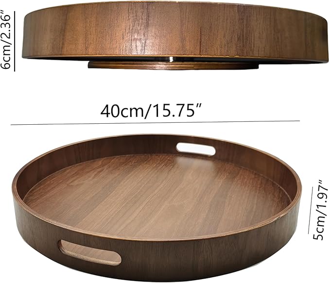 i-lan 16-inch Wooden Lazy Susan Turntable - Large Decorative Rotating Tray Made of Walnut Wood with Dual Handles & Silent Bea
