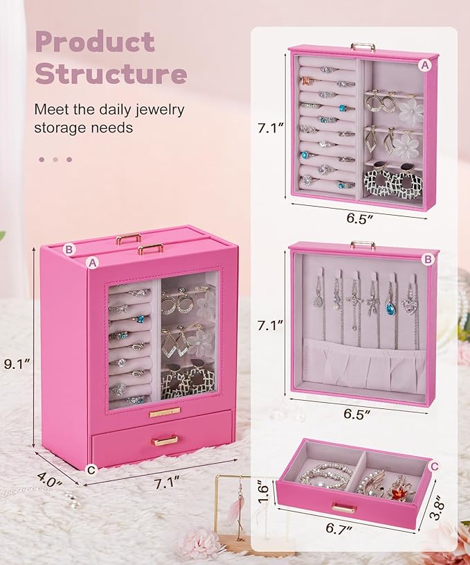Homde Jewelry Organizer Girls Women Jewelry Box for Necklaces Rings Earrings Gift Bracelets Storage Case(Pink + Gold)