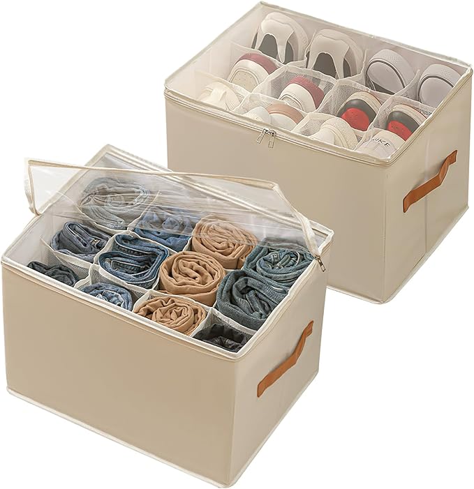 2 Pack Shoe Organizer for Closet, Large Shoe Box Storage Containers, Foldable Shoe Storage Organizer Box Bin with Adjustable 