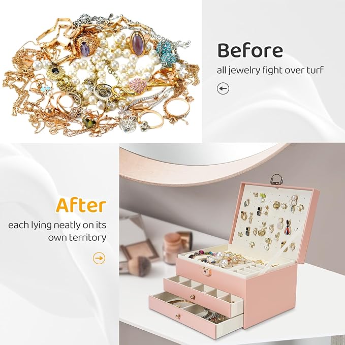 3-Layer Jewelry Box for Women, Jewelry Organizers and Storage with Removable Jewelry Tray, Vintage Quilted Top Lockable Jewel