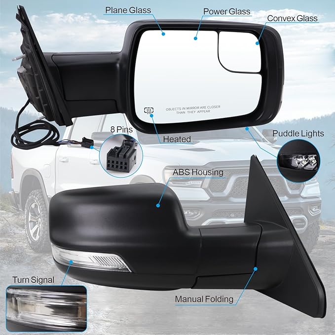 Right Passenger Side Mirror Compatible With 2019-2026 Ram 1500 With Manual Folding Power Glass Heated Turn Signal Puddle Light Matte Black Replace#5ZK42KARAH (8Pins)