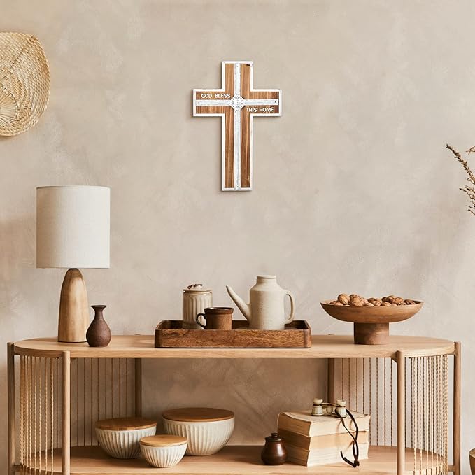 Wall Cross Retro Catholic Wooden Hanging Crosses Baptism with Metal Spiritual Religious Cross with Hook Silver Edge Blessed L