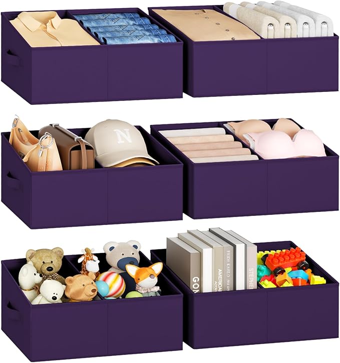 DIMJ Large Closet Shelf Organizer Bins 6 Packs with Handles and Divider, Fabric Trapezoid Storage Baskets, Foldable Clothes C