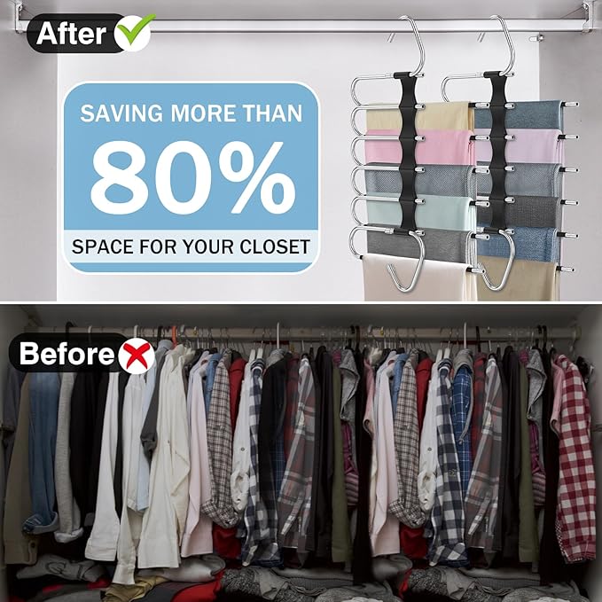 Upgrade 6 Layers Pants Hangers Space Saving, 2 Pack Stainless Steel Multifunctional Rack Non Slip S-Type Pant Closet Organize