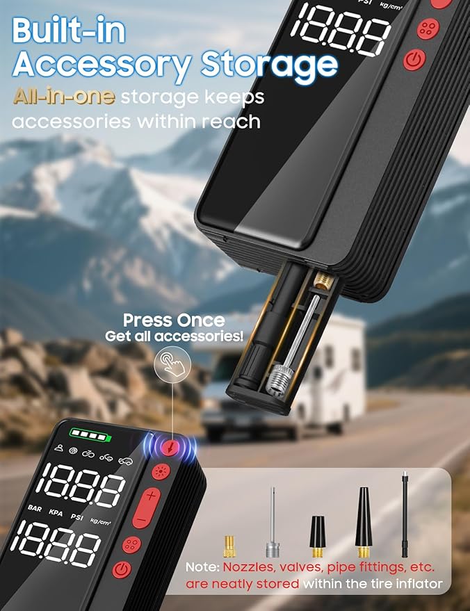 Smart Tire Inflator Portable Air Compressor, APP Control Air Pump For Car Tires, 10000mAh, 4X Faster 150PSI Bike Pump with All-in-One Storage, LED Light & Auto Shut-Off for Motorcycles