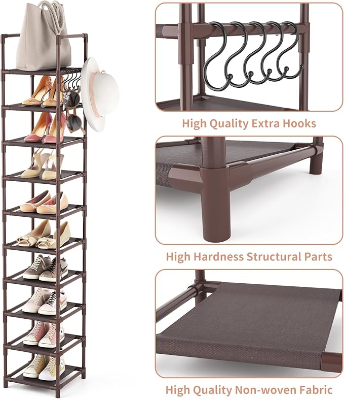 LANTEFUL Tall Shoe Rack 10-Tier Narrow Shoe Shelf Storage for 10-15 Pairs Shoe and Boot, Sturdy Shoe Storage Space Saving Cor