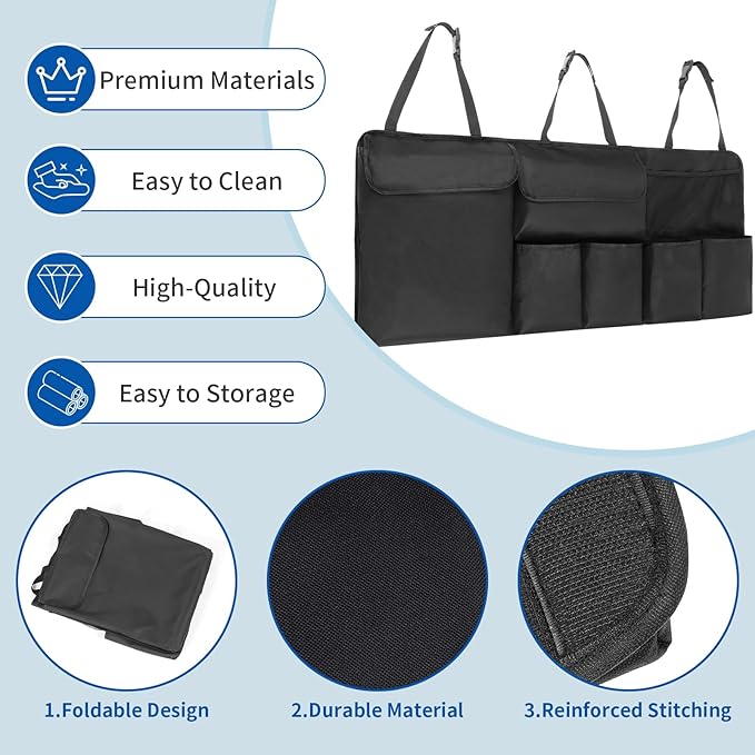 Car Trunk Organizer, Backseat Hanging Organizer with Storage Pockets for SUV, Truck, Van, Collapsible Trunk Organization for