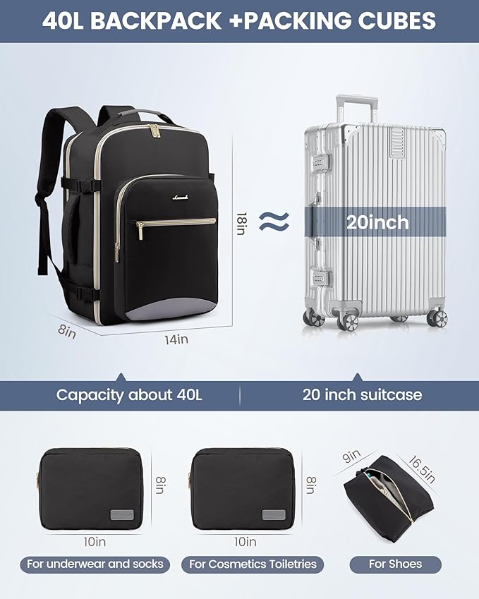 LOVEVOOK Travel Backpack for Women & Men 40L,Airline Approved Carry On Backpack Travel Essentials,TSA Carry on Luggage,Waterp