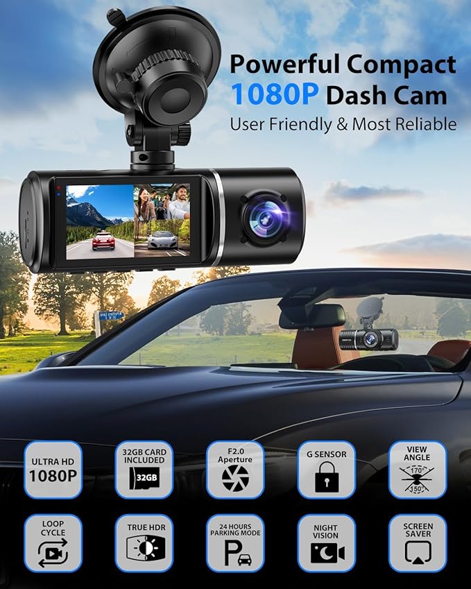 Dash Cam Front and Rear, 1080P Dash Camera for Cars, 3 Channel Car Camera Front Rear and Inside with 32GB Card, Loop Recordin