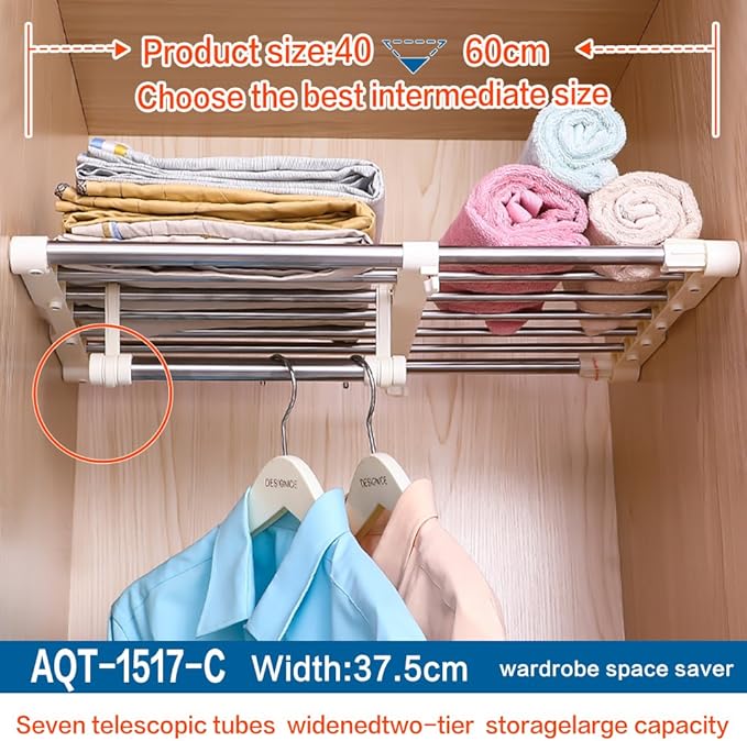 Hershii Closet Tension Shelf Expandable Telescopic Rod Heavy Duty Clothes Hanging Rail Adjustable DIY Storage Organizer Shoe 