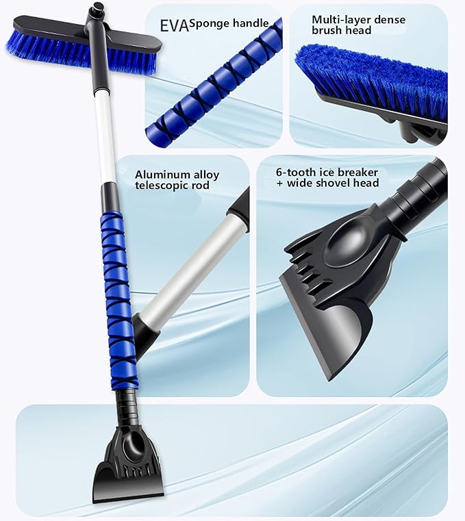 39" Extendable Snow Brush with Ice Scraper & Squeegee for Car Windshield,Rotating Auto Snow Brush with Foam Grip,Heavy Duty Car Snow Brush and Ice Scraper Combo for Truck SUV,Blue