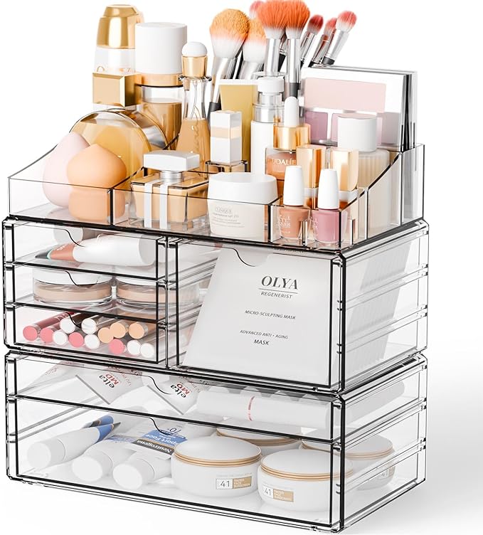 Yieach Acrylic Make up Organizers for Counter,Desk and Vanity,3 Pack Stackable Bathroom Counter Organizer with Drawers,Large 