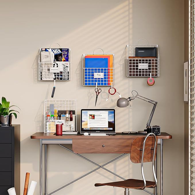 Yuzehuaza Wall File Organizer Metal Hanging File Organizer,Wall Mount File Holder, Magazine Rack and Mail Holder with Hooks f