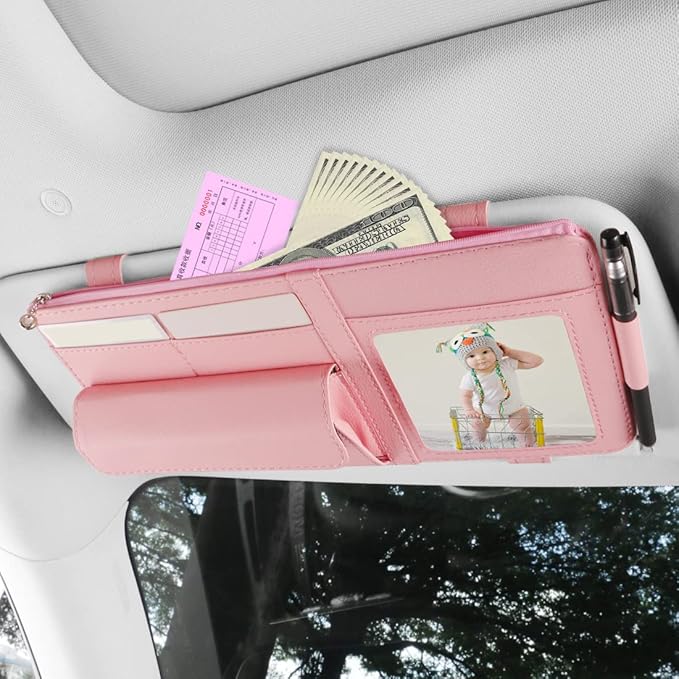 Visor Document Holder for Truck, Car Sun Visor Organizer, Visor Storage Pouch Holder with Sunglasses Clip, Picture Frame, Essential Visor Accessories for Driver Auto Owners Pink