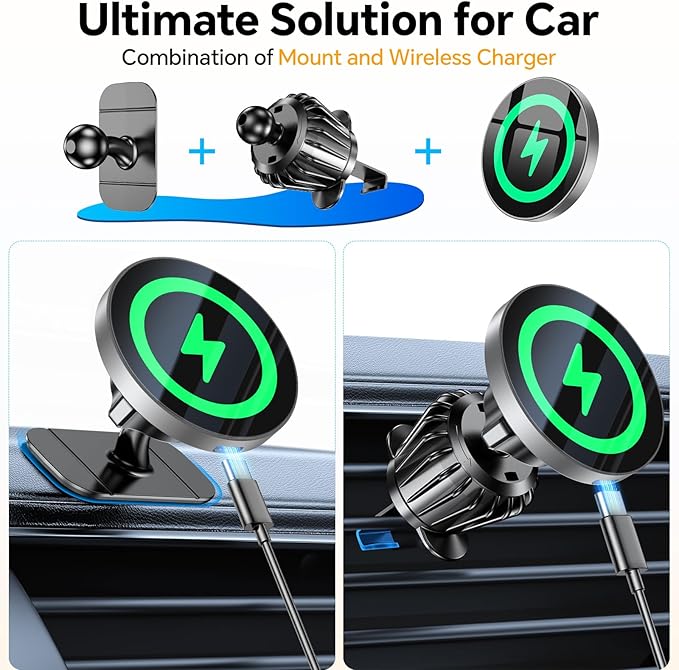 Coolpow for Magsafe Car Mount Charger【100% Stable】 15W Magsafe Car Charger Magnetic Phone Holders for Your Car Accessories for Women Men car Phone Holder Wireless Car Charger for iPhone (Gray)