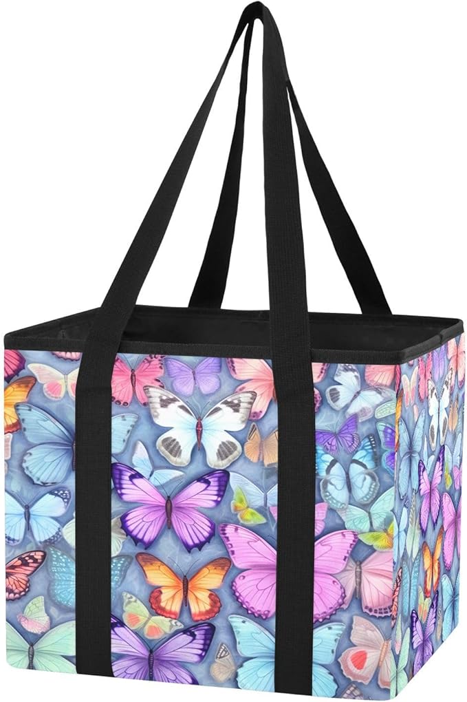 Colorful Butterflies Reusable Grocery Bags Large Shopping Tote Bag with Reinforced Bottom Board, Water Resistant Foldable Sto