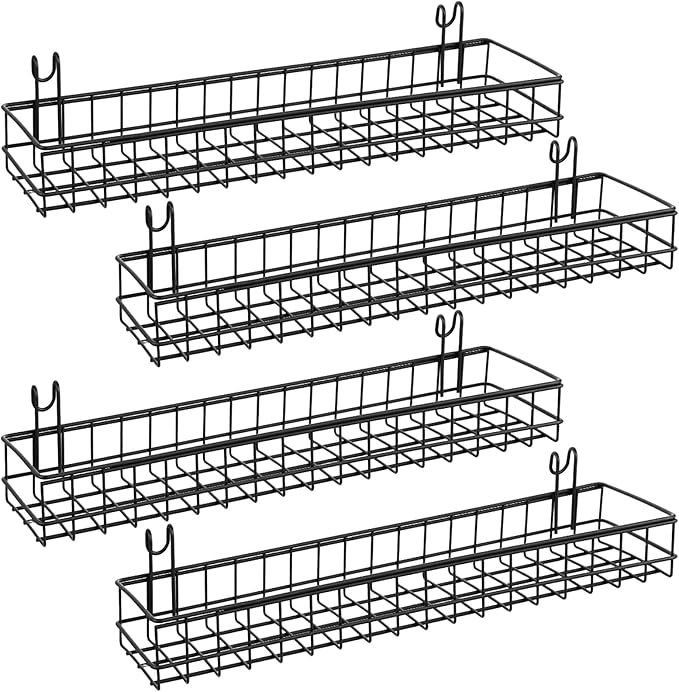 4 Pcs Black Metal Grid Wall Baskets with Hooks, Hanging Wire Storage Organizer Shelf for Kitchen Bathroom Office, 15.75 x 3.9