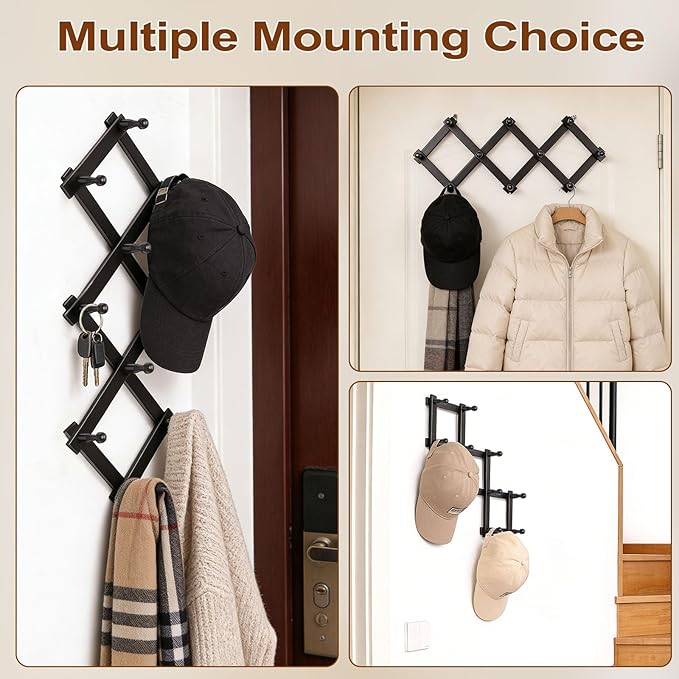 SCUNDA Expandable Hat Hanger for Wall,10 Wall Hooks Organizer for Hat, Coat, Cap, Mug - Space Saving Wall Mounted Hat Rack fo