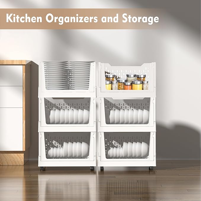 Stackable Plastic Storage Basket, 3 Pack Foldable Closet Organizers and Storage Bins with Wheels, Collapsible Drawer Shelf St