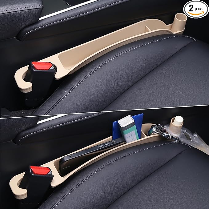 Supin Car Seat Gap Filler Set of 2, Multifunctional Seat Side Gap Filler with Organizer & Hook Function& 2 Storage for Stabilizing Phone,Keys Wallet, Fill The Gap Between Seat & Console (Beige)