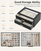 AKOZLIN Jewelry Box with Clear Lid Functional Leather Jewelry Storage Organizer Case 2 Drawers for Women Girls Necklace Ring 