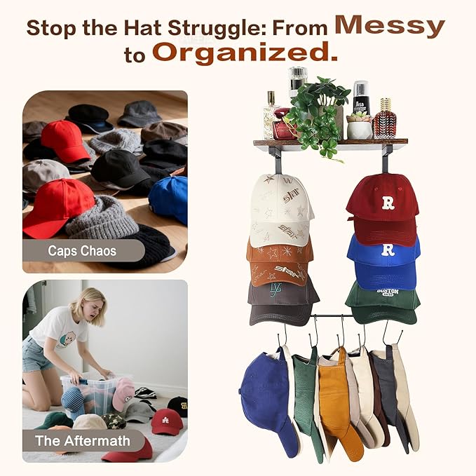 Keebofly Wall Hat Rack with Shelf, Multi-function Baseball Cap Organizer & Holder with 12 Hooks，Displays & Stores 60+ Caps, M