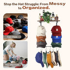 Keebofly Wall Hat Rack with Shelf, Multi-function Baseball Cap Organizer & Holder with 12 Hooks，Displays & Stores 60+ Caps, M