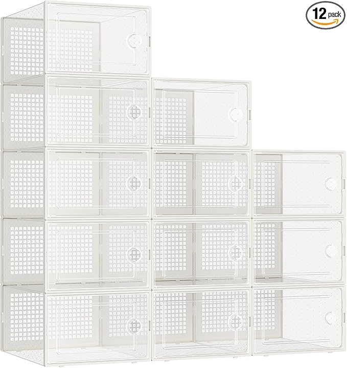 Kuject Large Shoe Organizers Storage Boxes for Closet, 12 Pack Clear Plastic Stackable Storage Bins with Lids, Under Bed Shoe