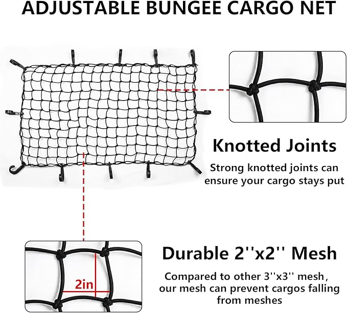 Funmit 22"x38" Cargo Net Stretches to 44"x76", Latex Bungee Cargo Net with 2"X2" Small Mesh and 12 Adjustable Plastic Hooks, for Car ATV Boat SUV Van Trailer Snowmobile (Black)