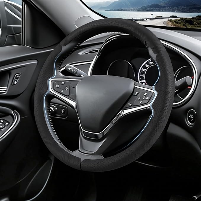 Steering Wheel Cover for Chevy Malibu 2016-2024/ Equinox 2018-2024/ Bolt EV 2017-2021/ Volt 2016-2019, Car Steering Wheel Cover for Chevrolet (Black Perforated Leather)