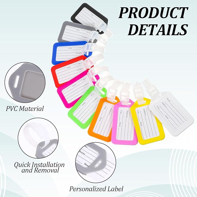 200 Pcs Luggage Tags, 10 Color Plastic Baggage ID Tags Pack Name with Blank Inserts for Suitcases, Backpacks, and Travel Bags