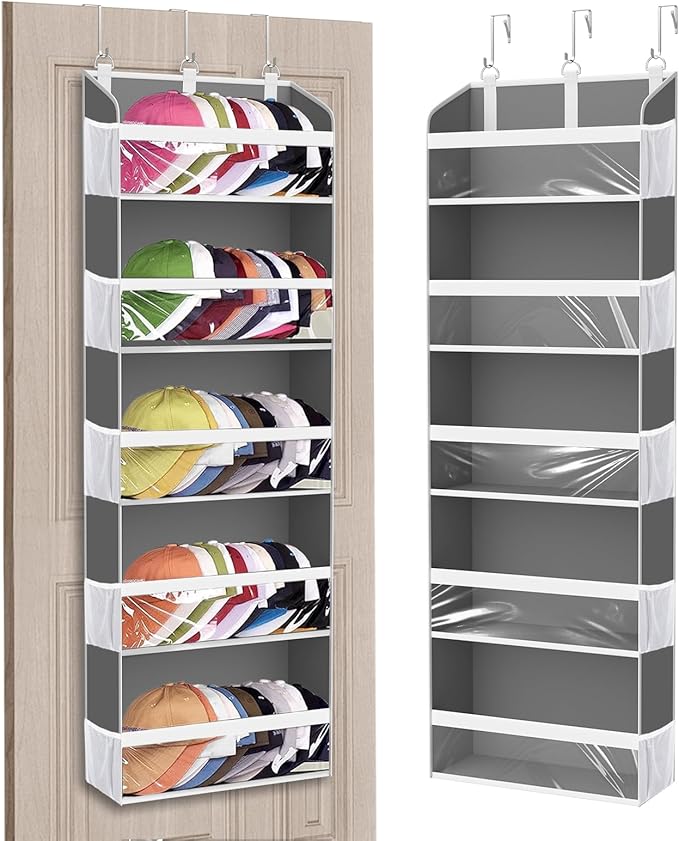 KYEVIS Over the Door Hat Organizer for Baseball Caps, Hold up to 60 Hats Rack Storage for Door/Closet/Wall, Clear Pockets Han