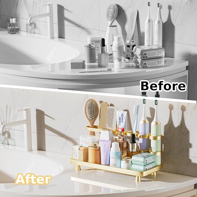 YOOLENS Electric Toothbrush Holder for Bathroom Countertop 5 Metal Slots Toothpaste Razor Mouthwash Organizer, Gold
