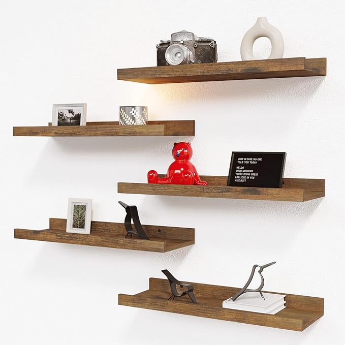 RICHER HOUSE 5 Set Floating Shelves for Wall Decor, Wall Mounted Book Shelf, Nursery Shelves Picture Ledge Shelf with Lip for