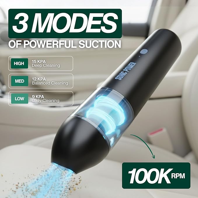 Portable Cordless Car Vacuum, 15000Pa High Suction Handheld Vacuum Cleaner, 2-in-1 Vacuum & Blower, with 4 Attachments & Port