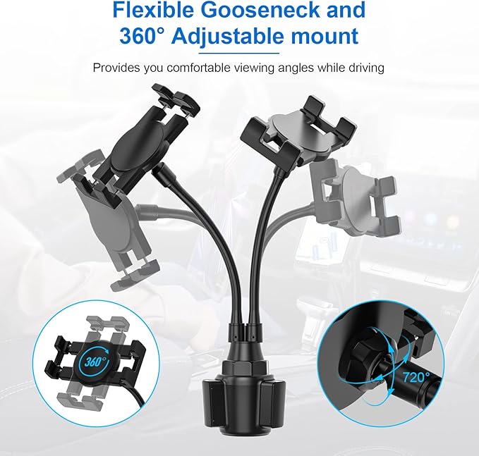 Dual Car Tablet Mount for Cup Holder, Gooseneck Car Cupholder Tablet Holder with Strong Long Arm 10" for 4-12.9" Devices, iPad Pro Air Mini, Galaxy Tabs, Huawei, iPhone, Tablets & Phones