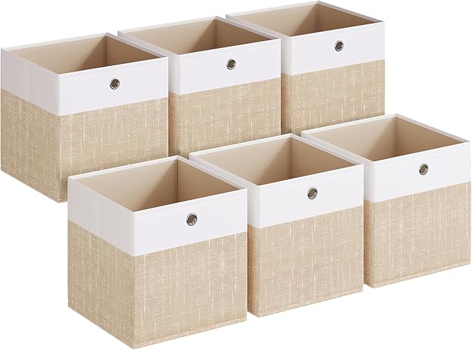 SONGMICS Storage Cubes, Set of 6 Foldable Fabric Storage Boxes, Cube Organizer Boxes with Handles, for Closet Shelves, Odorle
