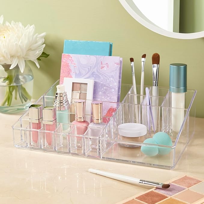 STORi Audrey Clear Vanity Makeup Organizer | 15-Compartment Holder for Brushes, Eyeshadow Palettes, & Beauty Supplies | Stack