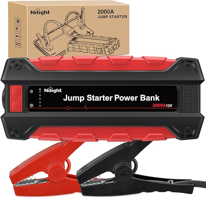 Nilight 2000A Car Battery Jump Starter for Up to 8.0L Gas & 7.0L Diesel Engines 12V Portable Jump Start Booster Pack Jump Box with Jumper Cables DC Output and LED Light
