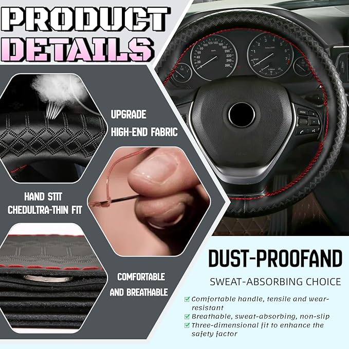DEEYOTA Car Steering Wheel Cover Universal Fit Round Stitch Steering Wheel Wrap Thin PU Leather Steering Wheel Cover Sewn on 