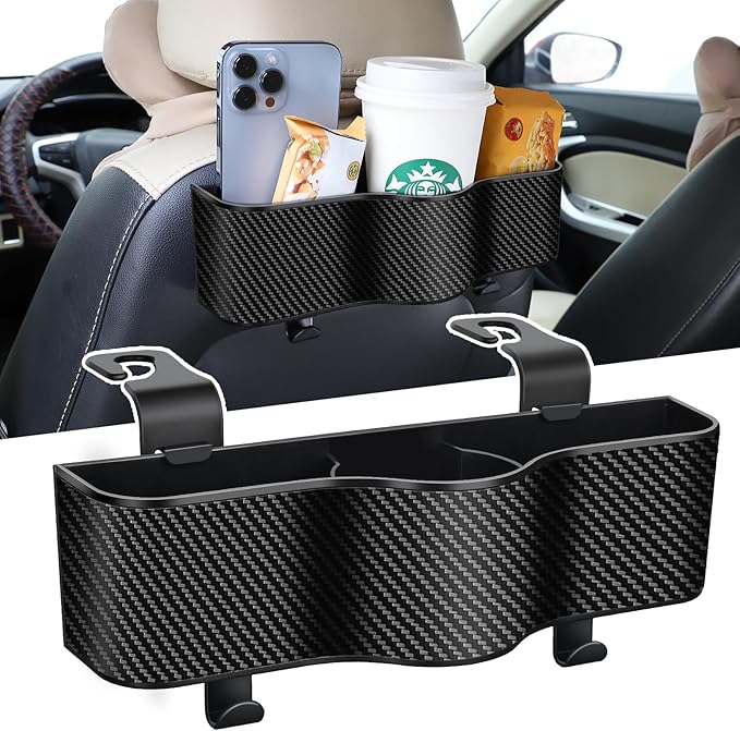 Backseat Car Organizer with Cup Holder - Multifunctional Back Seat Car Organizer with Two Seat Hooks, Fits Most Cars, Can Hold Snacks, Canned Drinks & Phones, Perfect for Travel