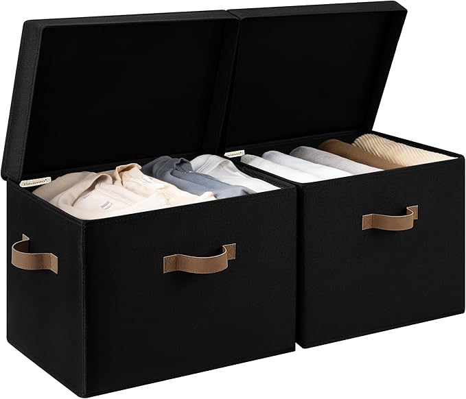 StorageWorks Fabric Storage Bins with Lid, Decorative Storage Boxes for Shelves, Stackable Closet Organizer Basket with Handl