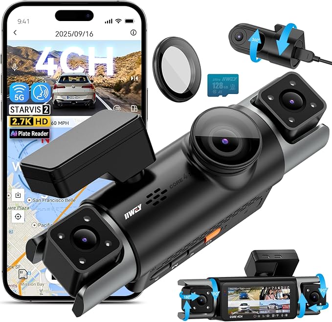 IIWEY 4 Channel Dash Cam 360° View, STARVIS 2 Front 2.7K Rear 2K Inside 1080P x2, 8IR LEDs Night Vision 3.0, PlateTag AI for 