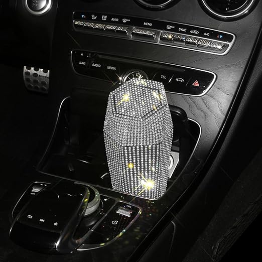 Rhinestone Car Trash Can with Lid, Sparkly Garbage Can, Diamond Design Small Automatic Portable Trash Can for Automotive, Home, Office, Kitchen, Bedroom.