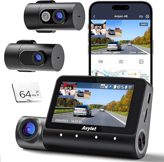 5K 3 Channel Dash Cam, 5G Wi-Fi Built-in GPS with 64GB Card, 4K+1080P+1080P Front and Rear Inside Triple Car Camera with 3'' 