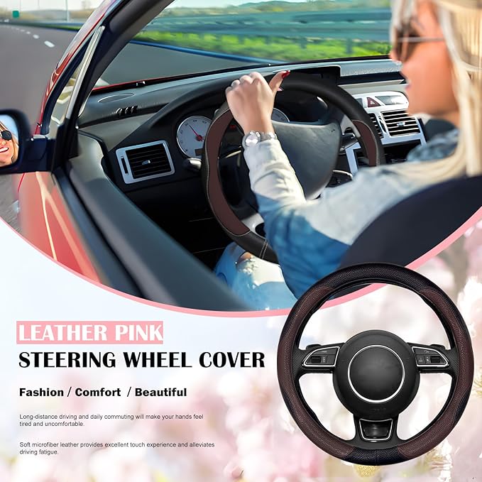 SuperKaKa Brown Car Steering Wheel Cover 2025, Universal Auto PU Cute Breathable Slip-Proof Comfort Imitation Leather Protect
